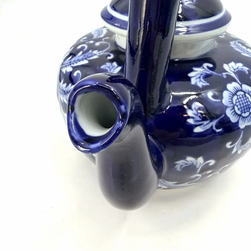 Mandarin Style Cobalt Blue White Floral Lidded Porcelain Teapot